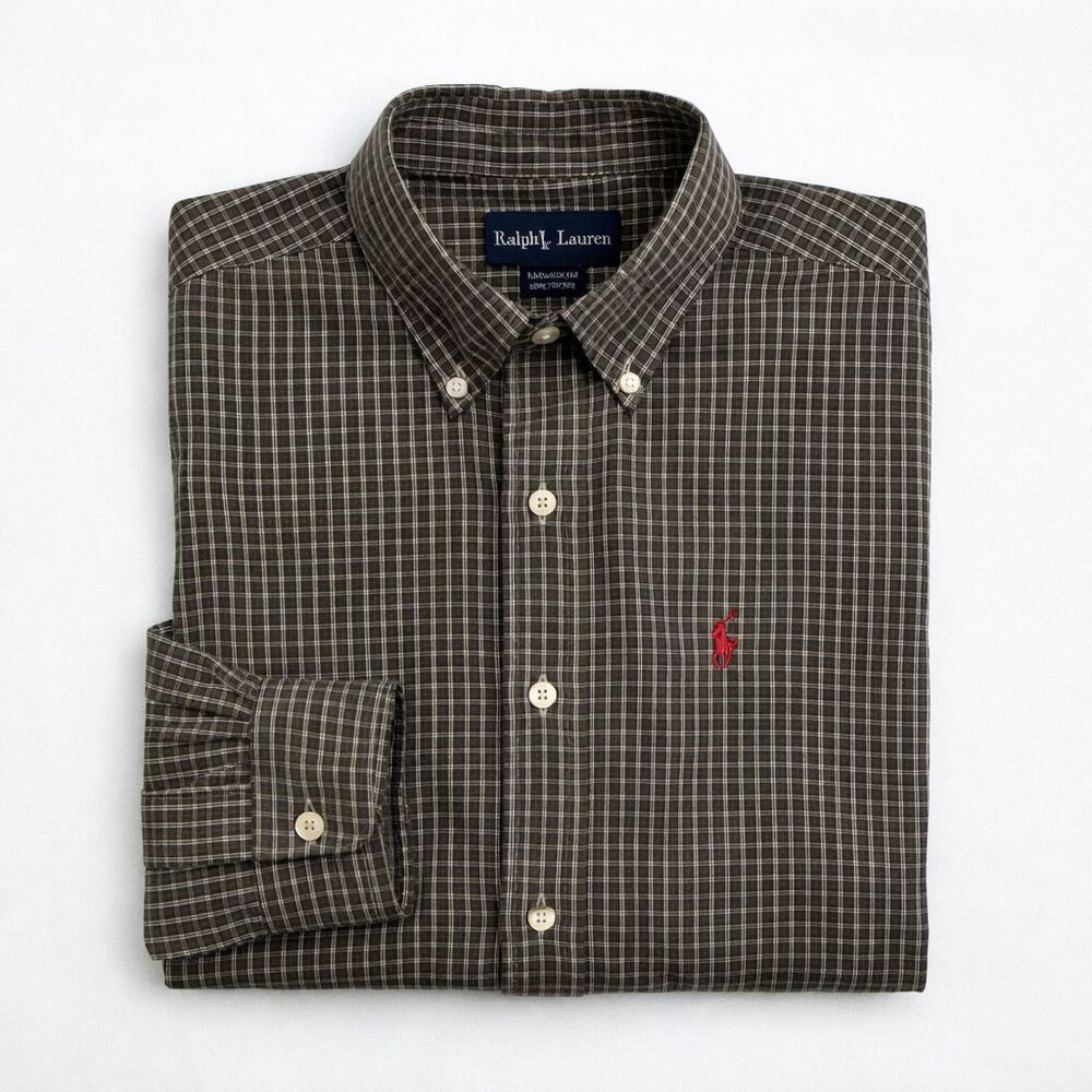 Ralph Lauren Yarmouth Mens Button Down Shirt Size 15 1/2 Green Plaid Pony Logo